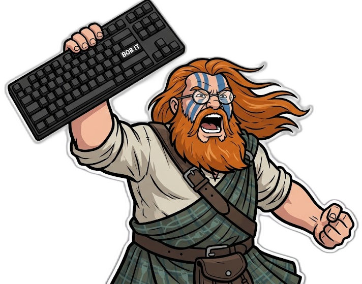 BoB, a Highlander hoisting a mechanical keyboard overhead